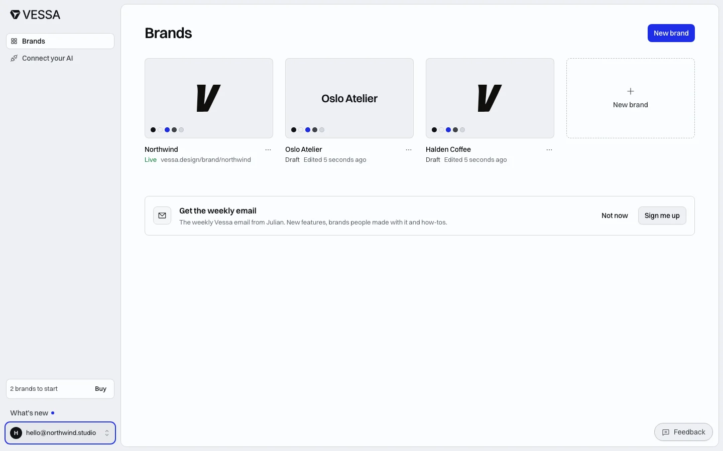 The dashboard with a sidebar on the left and three brand cards: two with a black V logo on grey, one with its name as the cover, each with its status and when it was last edited.