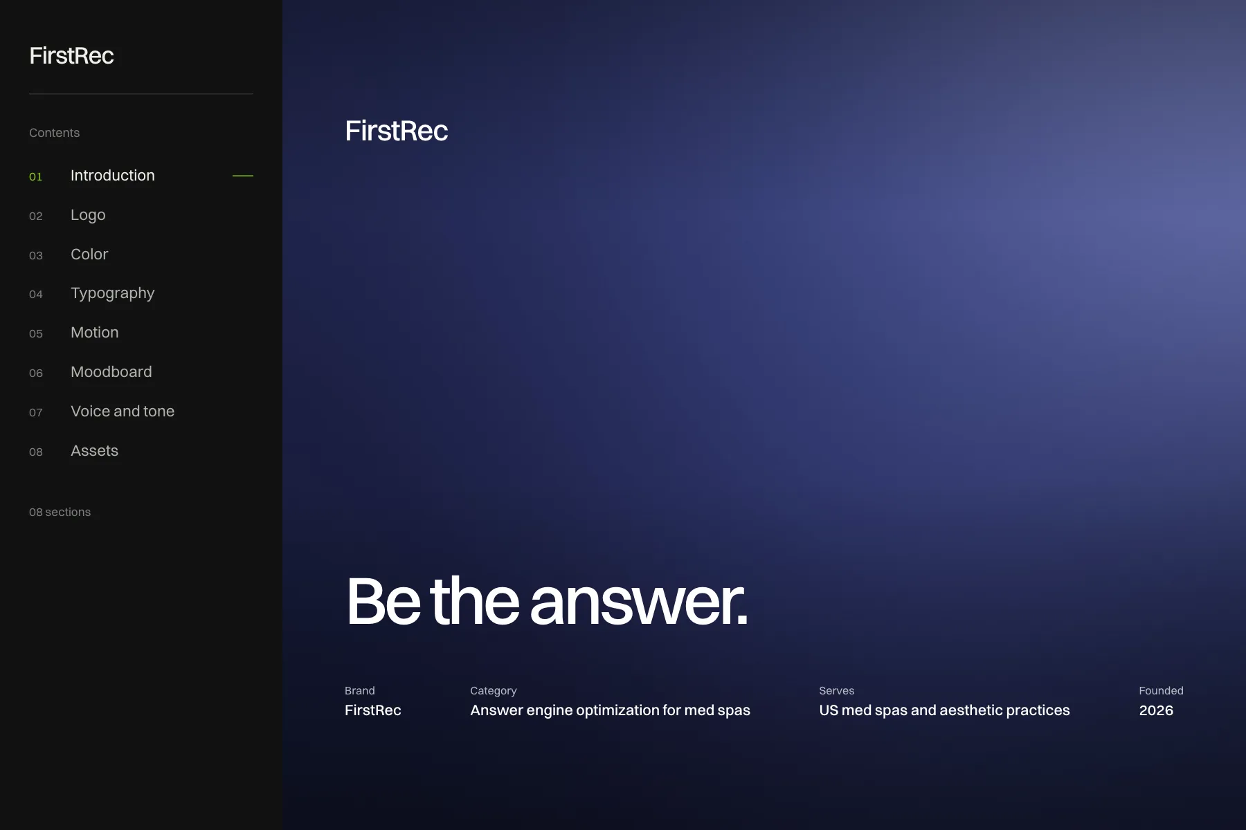 The FirstRec brand guideline, published as a website