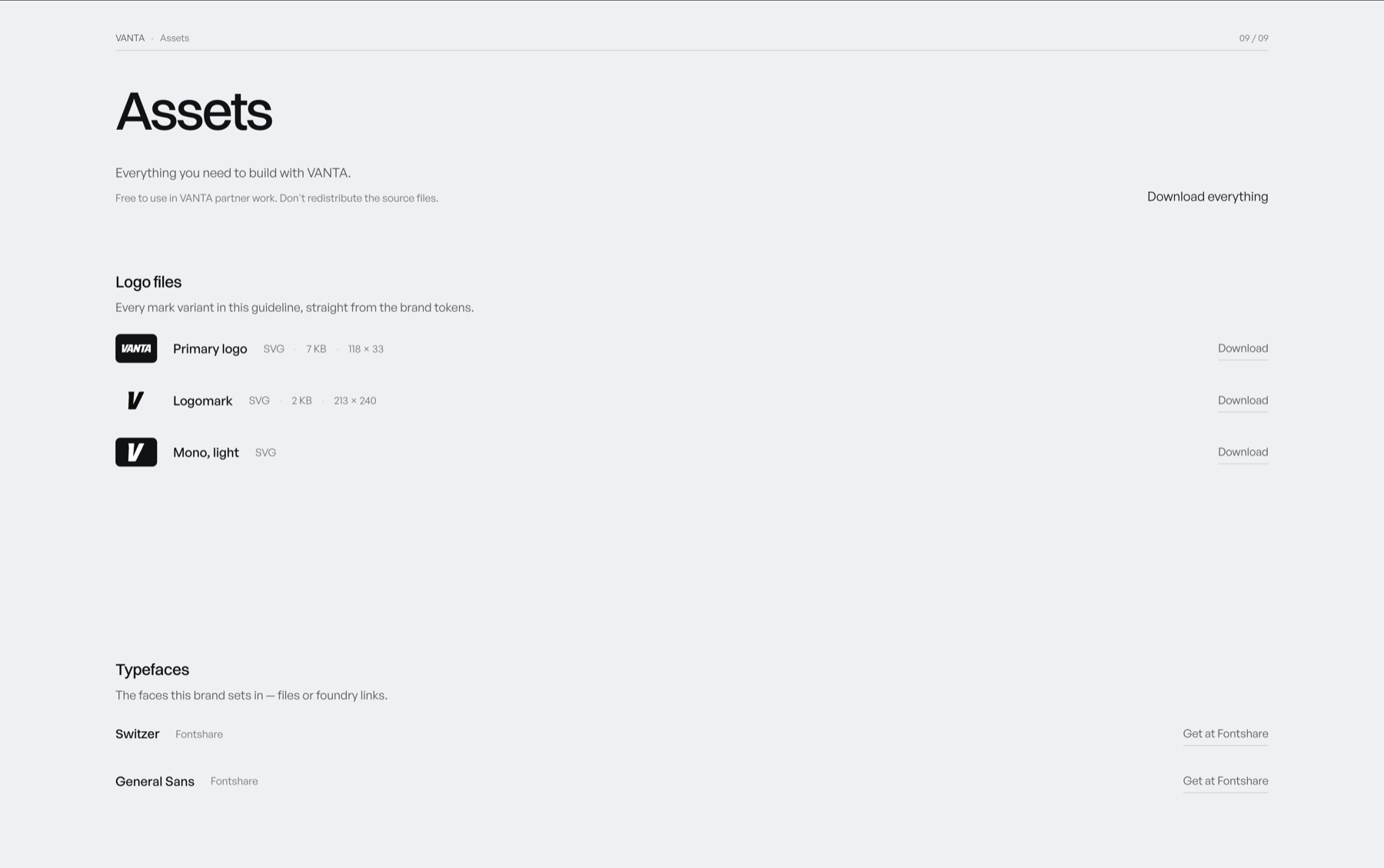 VANTA's assets section on the live guideline